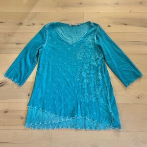 Soft Surroundings Malolo Embroidered Aruba Blue Cotton Tunic Top Made In India M